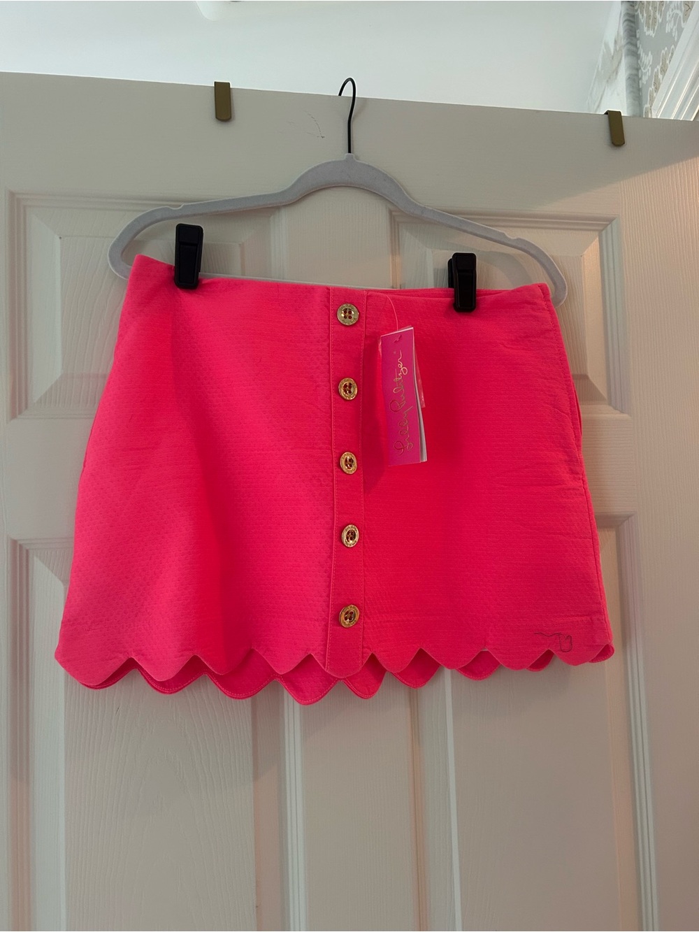 Lilly Pulitzer Neon Pink Scalloped-Hem Button Mini Skirt